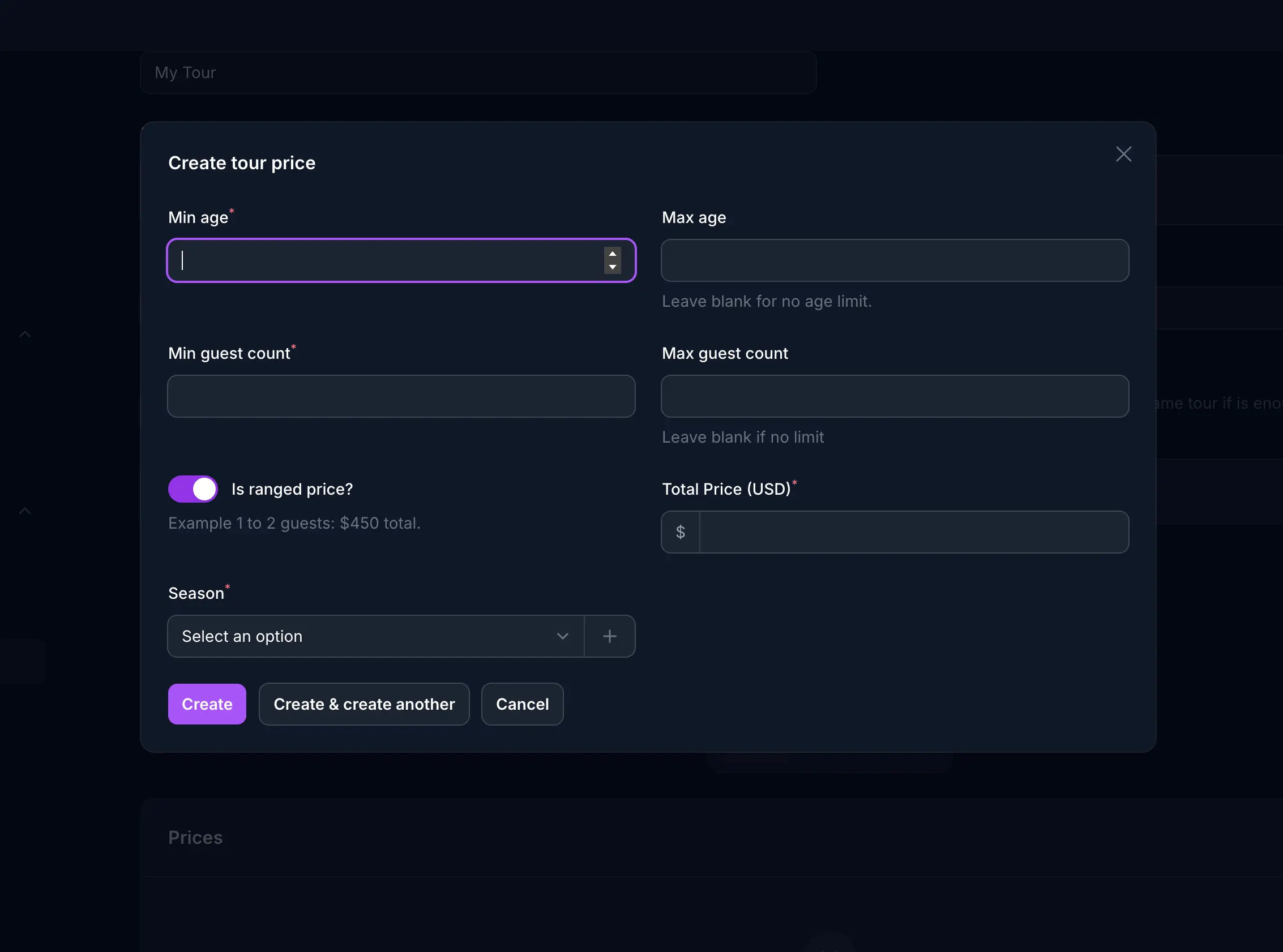 Tour template prices