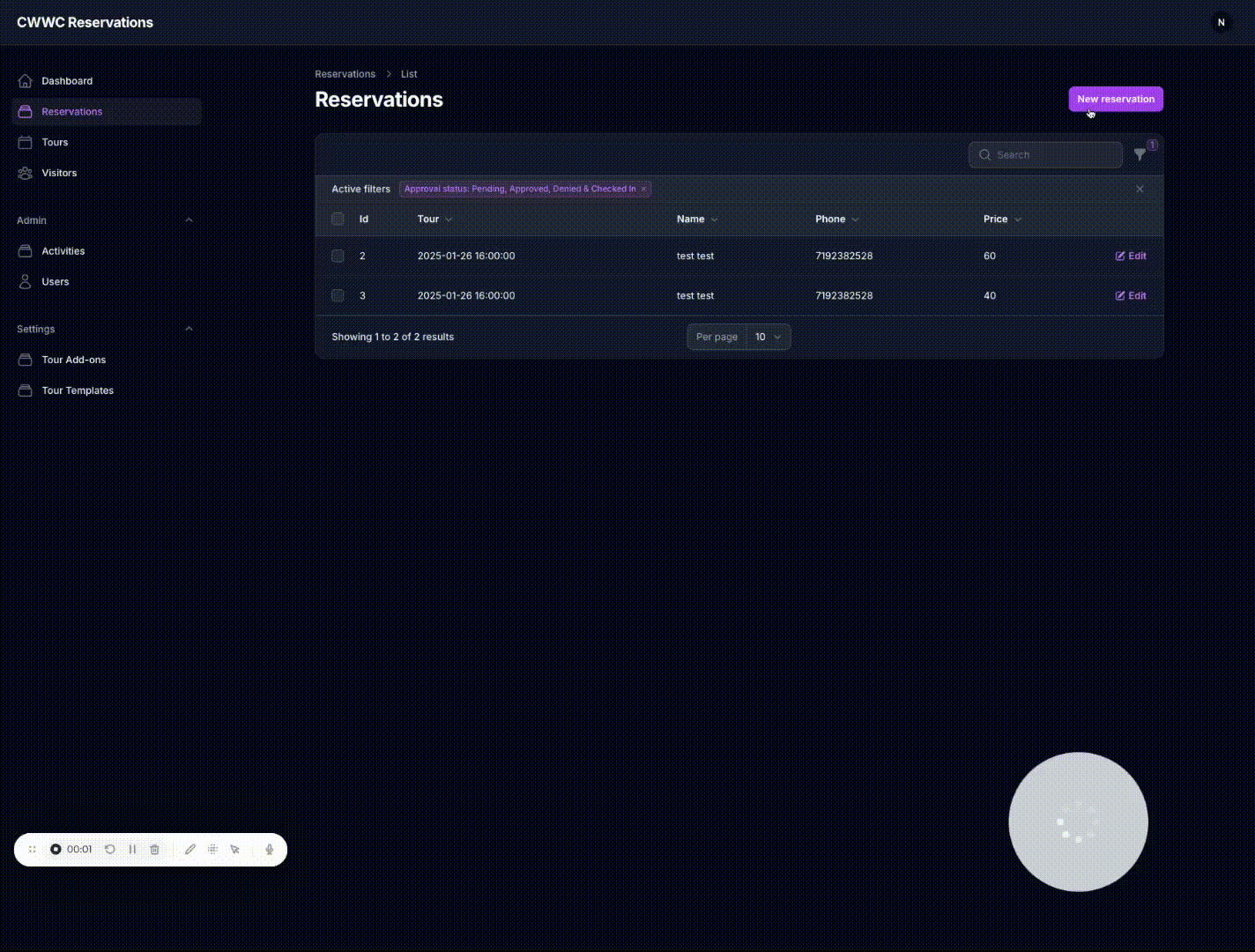 Create reservation from reservations page