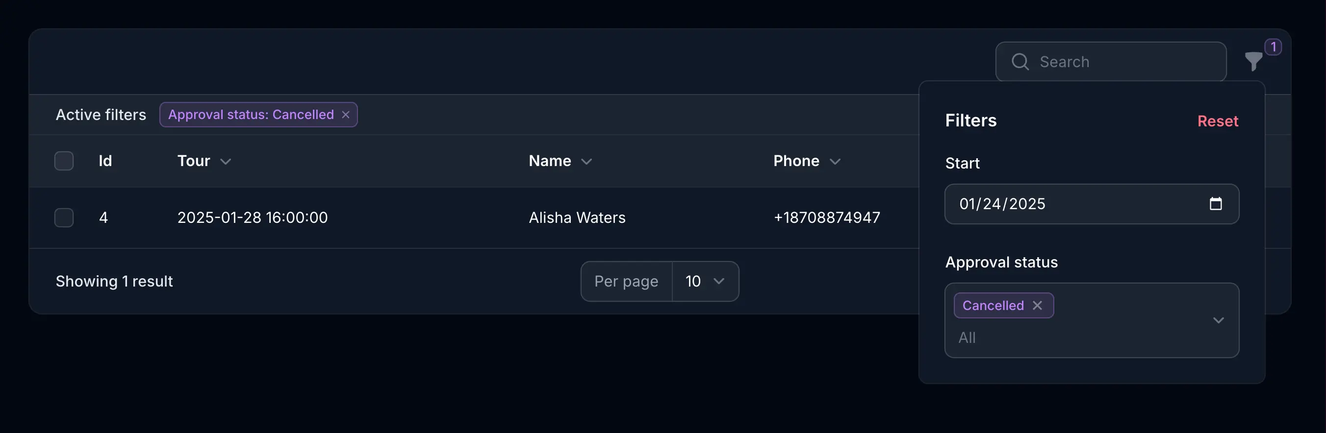 Cancelled reservation list view
